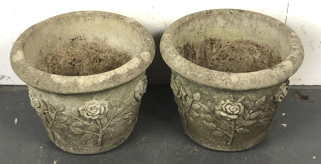 A Pair of Portland Cement Planters 13 1/4"h x 16 1./2" diam. Condition, old patina, minor chips (1 of 3)