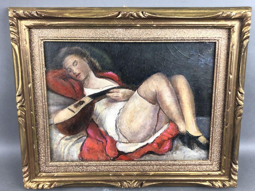 Portrait of Reclining Lady 11 1/4"x 15" Condition, some craquelure, chips to frame: 11 1/4"x 15" Condition, some craquelure, chips to frame