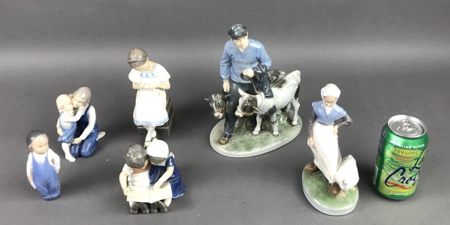 Group of Royal Copenhagen and B&G Figures Approximately 6 pieces Largest 9 1/2"h x 4 1/2"w x 7"d: Approximately 6 pieces Largest 9 1/2"h x 4 1/2"w x 7"d Condition, chip to calf's ear, chip to goose beak,