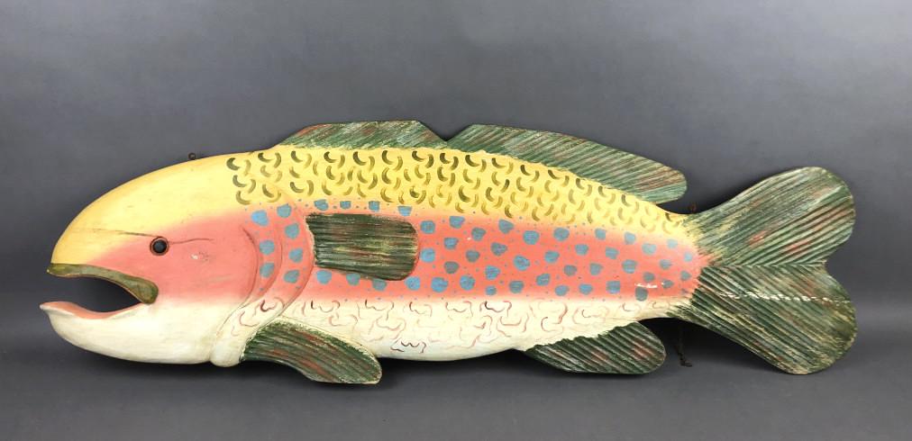 Double Sided Hanging Fish Sign 16"h x 48"w  Condition, some scratches, scuffs and cracked wood (1 of 3)