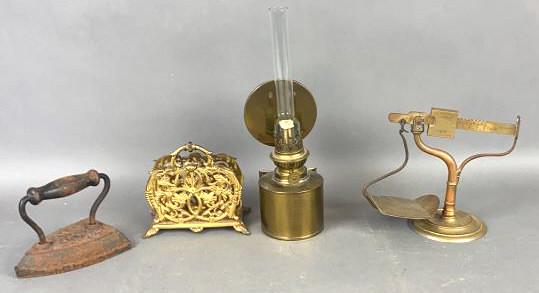 Fairbanks Scale and Letter Holder Together with replica miners lantern and sad iron Tallest is 13" (1 of 8)