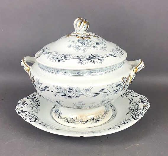 Belmont Japan Minton Tureen Tureen is 10"h x 13 1/2"w. Platter is 15" at widest point. Condition,: Tureen is 10"h x 13 1/2"w. Platter is 15" at widest point. Condition, some cracks, crazing, chips, rubbed gilt, needs cleaning, loss of paint