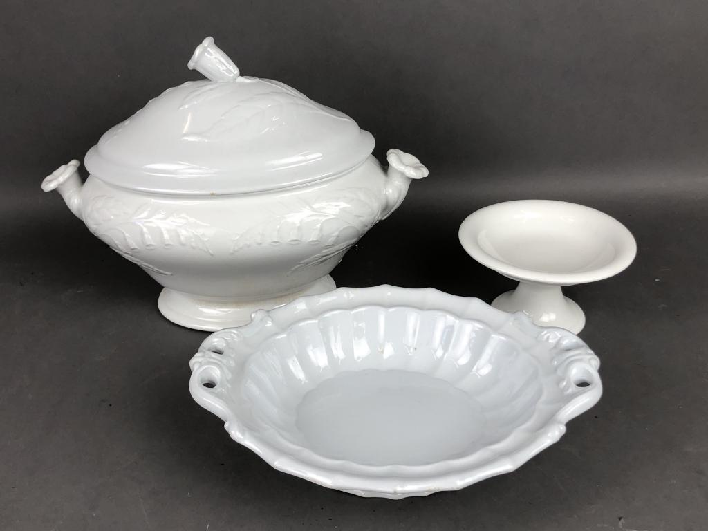 Stoneware Porcelain Tureen Together with bowl and footed dish. Tureen is 12"h x 16"w x 9"d. (1 of 9)