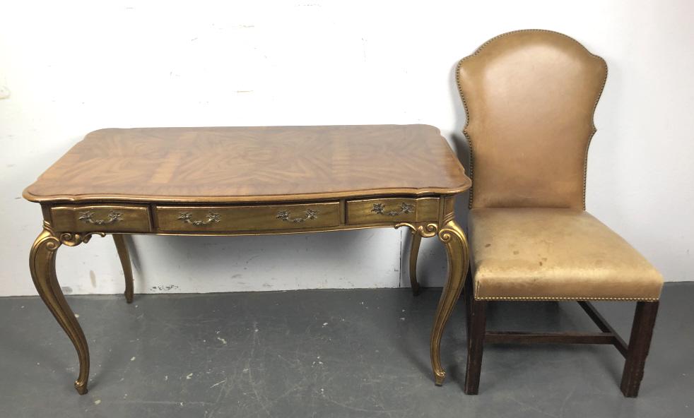 Louis XV Style Gilt Wood and Fruitwood Desk Together with Georgian Style Chair. Desk is manufactured (1 of 8)
