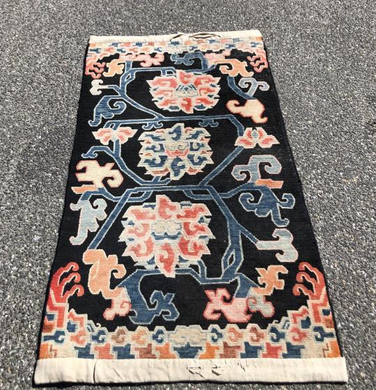 A Geometric Design Scatter Rug 5'3" x 2'10" Condition, overall wear some worn pile, some torn fabric (1 of 6)