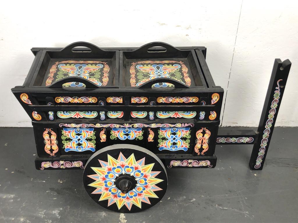 Costa Rican Paint decorated Bar Cart 22 1/4"h x 40 1/2" w x 23"d. Condition, some scratches and (1 of 6)