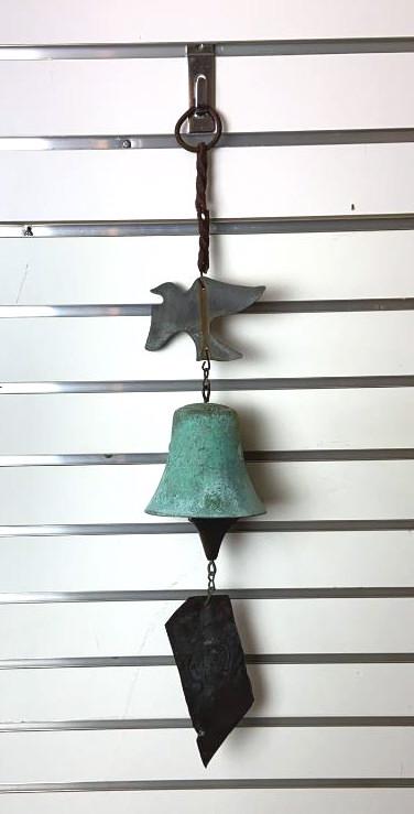 Jeff Cross Harmony Hollow Wind Bell Cast Bronze 25"l. Condition, old patina, some rust, some bent, (1 of 7)
