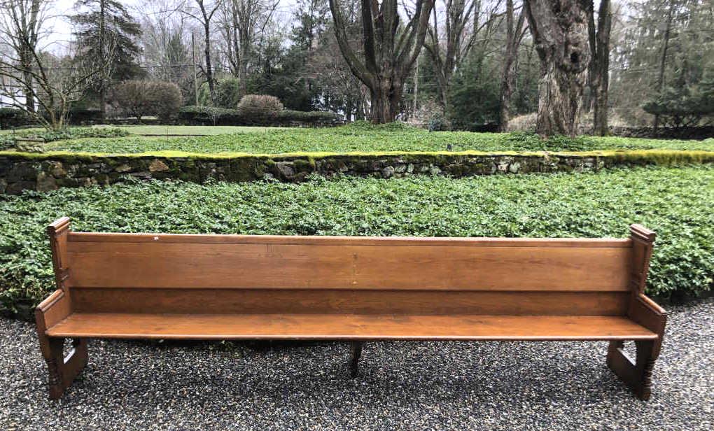 Church Pew: 34 1/2"h x 125 3/4"w x 18 1/2"d. Condition, old repairs, scratches and scuffs