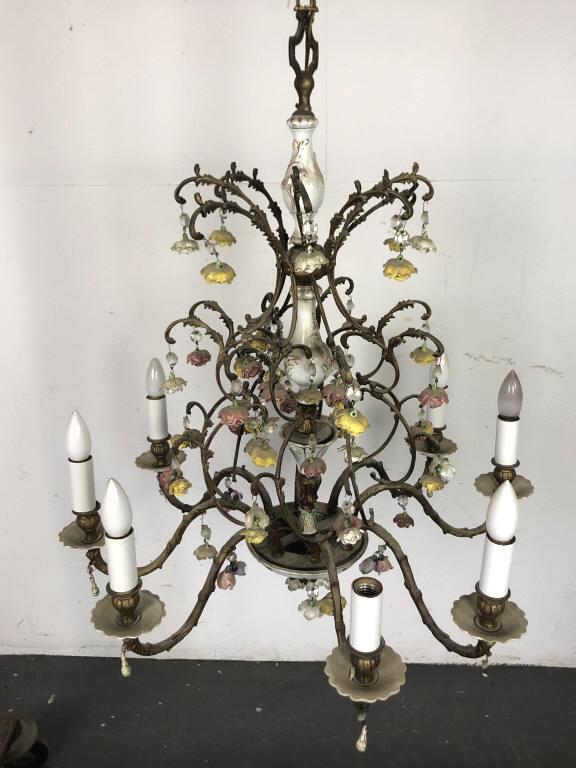 Brass & Porcelain 8 Light Chandelier (1 of 5)