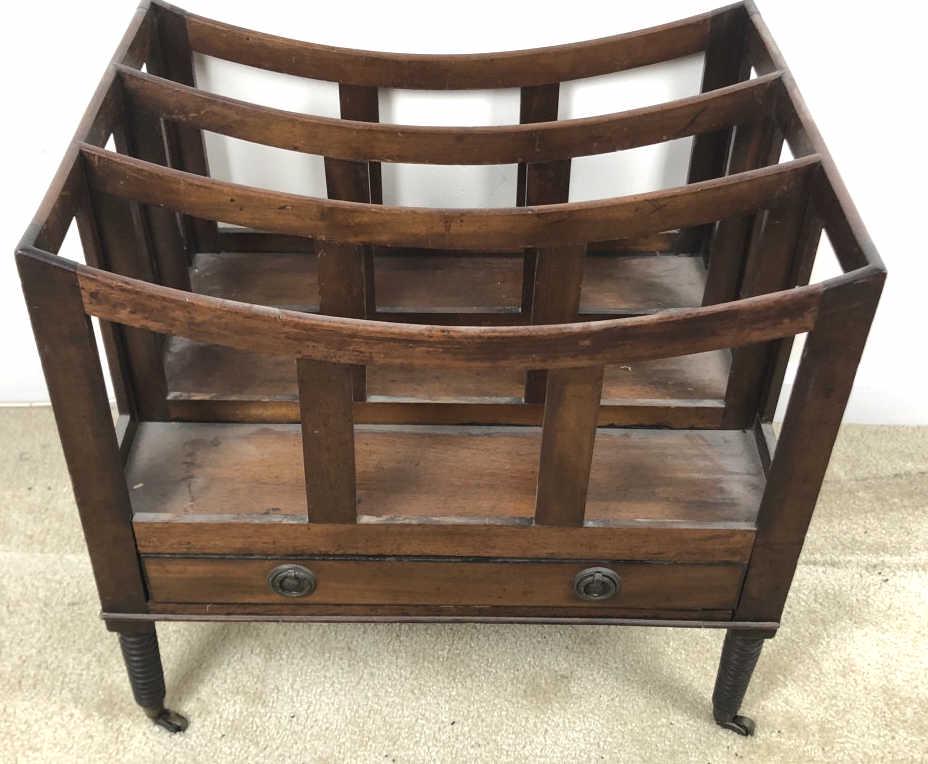 19C English Mahogany Canterbury: 18 1/2"h x 20"w x 15"d. Condition, some loss of molding, scratches and scuffs, overall wear