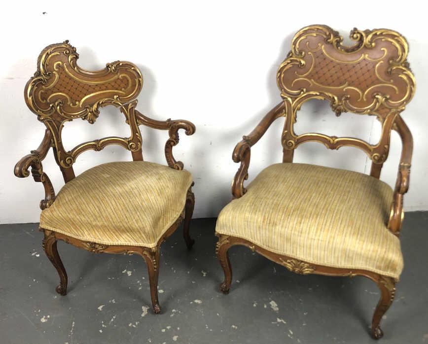 2 Rococo Style Walnut & Gilt Decorated Chairs: Largest is 38"h x 25 1/2" x 24" Condition, loose back on corner chair, rubbed gilt, some scratches and scuffs