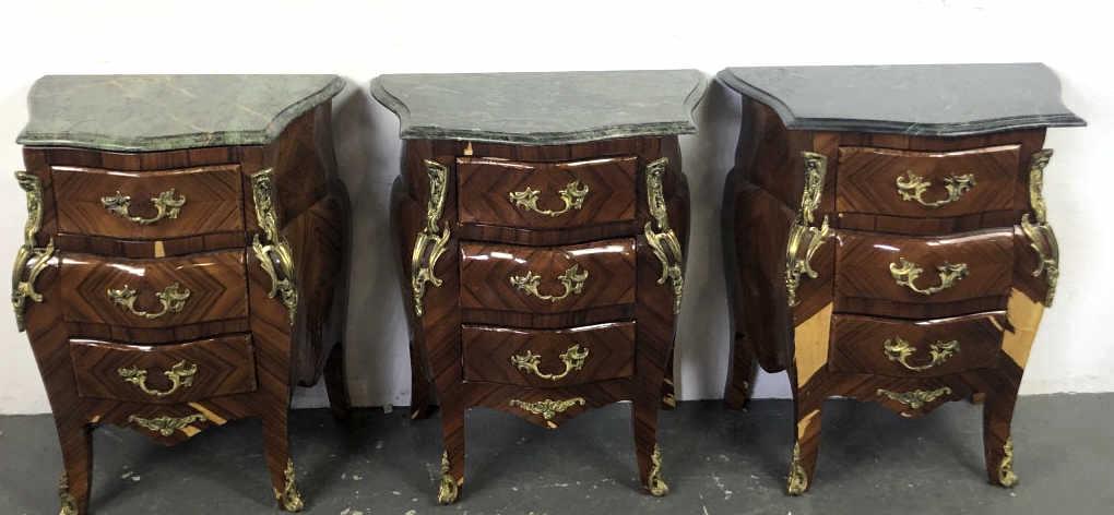 3 Louis XV Style Commodes: 25"h x 15 1/2"w Condition, veneer loss, scratches and scuffs , some bubbling to veneer