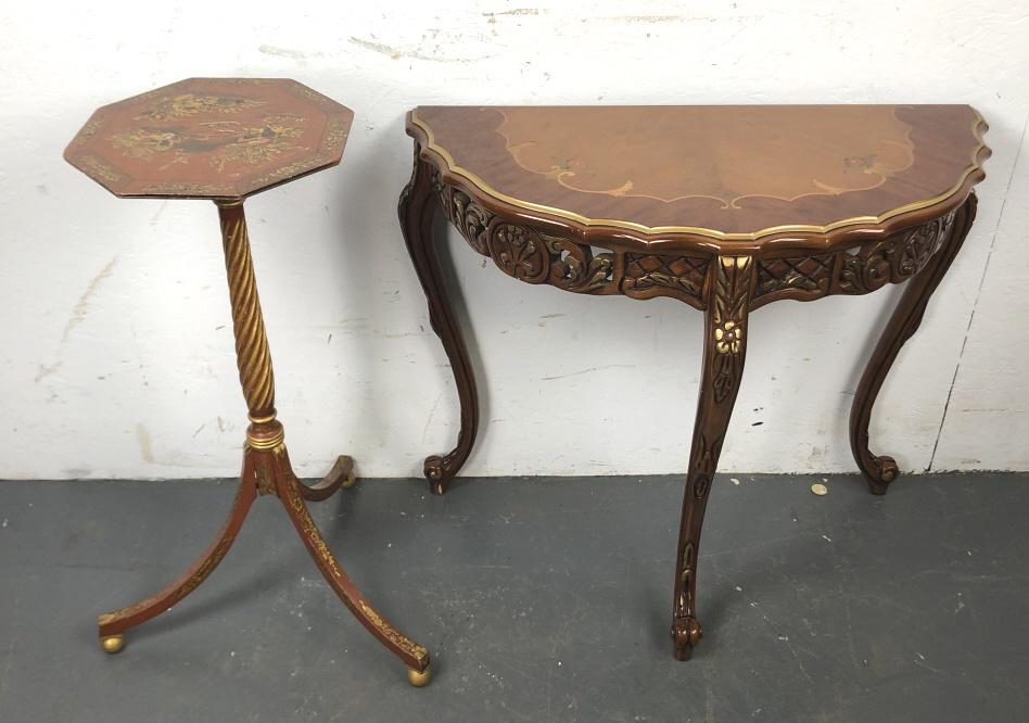 Regency Style Chinoiserie Tilt To Wine Table: Together with inlaid demilune console. The wine table is 29 1/2"h Condition,some loss of paint , scratches and scuffs