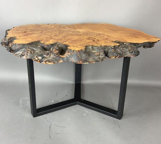 Burl Maple Table: Wood not attached to base. 16"h x 29"w x 25 1/2"d. Condition, some chips to edge, some scratches on metal