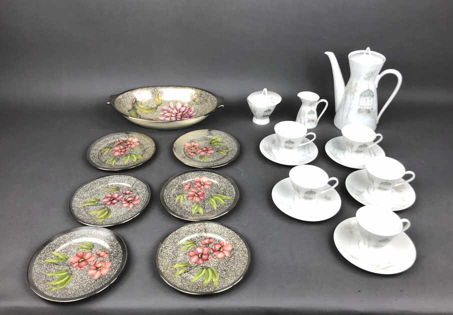 Lot Of Porc. Rosenthal Partial Coffee Set: Together w/ Rosenthal fruit bowl and 6 fruit plates and sugar bowl. The coffee pot measures 9.5" H. Includes 5 tea cups and saucers. Condition, has some minor scratches