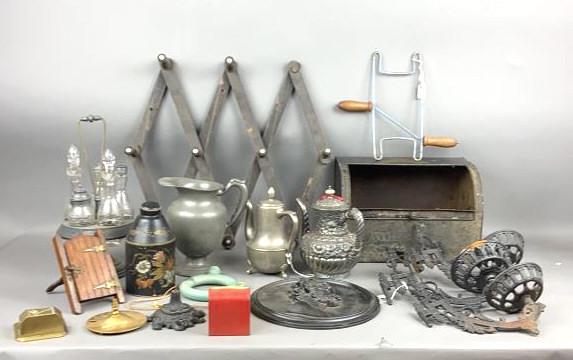 A Group Of Metal Miscellaneous Items: Comprising of bread box, Lincoln plaque, pitchers, lantern holders, match holders, tea pots, etc. Bread Box is 9"H Condition, some rust, wear to metal,