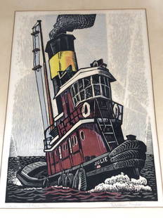 Woldemar Neufeld (Russian American 1909-2002): Woodcut Harbor Workforce, 12 of 50, signed lower right. Sight is 18 1/4" x 13" Condition, some staining to matting, small hole in matting, scratches and scuffs to