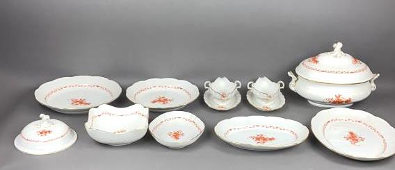 Meissen Partial Dinner Service: The Flower of India pattern Consists of a tureen, and several serving bowls and plates, and an extra lid. 10 pieces. Tureen, 10.5"h x 15"w x 10"d