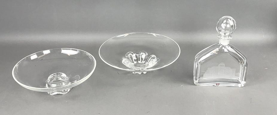 2 Steuben Bowls and Orrefors Decanter: Decanter 10.5"h x 7.5"w x 2.5"d Large bowl 3.5"h, 13" diam Small bowl 3.75"h, 11.5" diam Condition, scratches, scuffs, needs cleaning