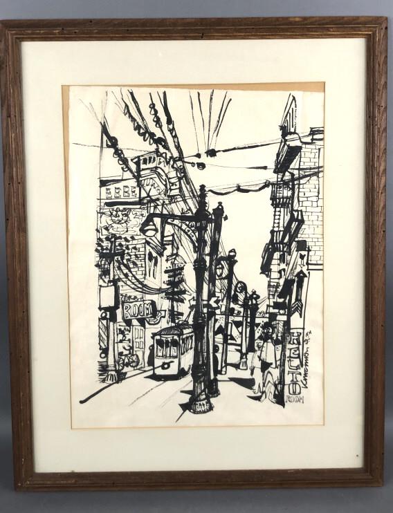 Dong Kingman: "The Bridge" Ink on paper, signed (LR) Sight 22" x 16" Condition, picture has slipped in matting