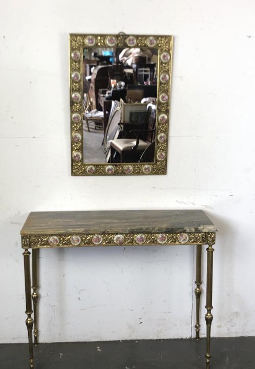 A Brass, Marble & Porcelain Console With Mirror: Console is 32"h x 38 1/4"w x 12 1/2"d Mirror is 29 1/2" x 21 1/4" Condition, crack to mirror, some minor scratches
