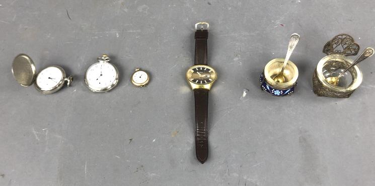 A Group of Watches and Salt Cellars: 2 Genie pocket watches, a GEM ladies pocket watch, a Wega wristwatch. Condition, untested, missing chain loop