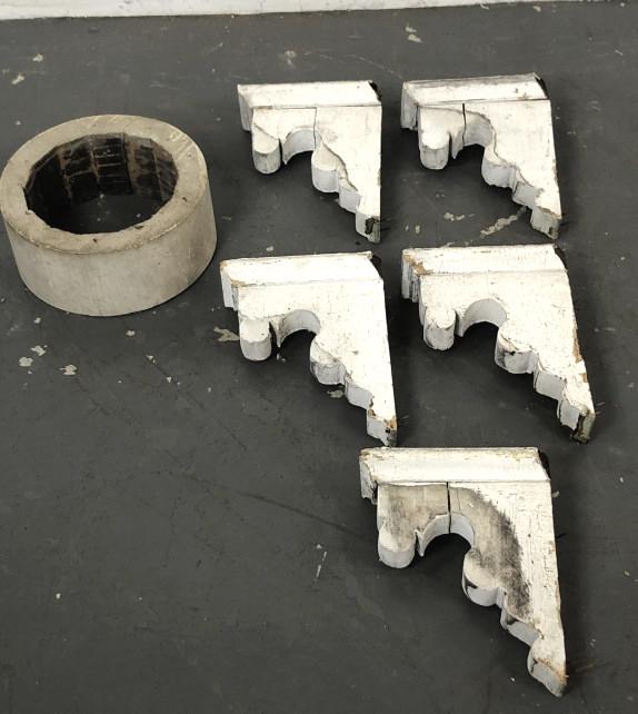 A Group of 5 Corbels and a Wooden Collar.: The Corbels are 11"h x 9"w x 3 1/2"d. Collar is 5"h x 11 1/2" diam. Condition, overall wear, some cracks in corbels that need gluing, chipped wood