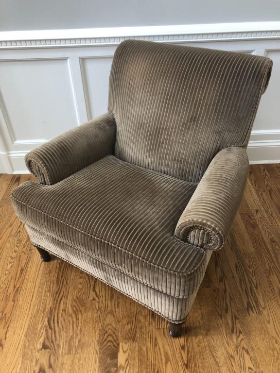 Stickley Upholstered Velvet Arm Chair: 38"h x 40"w x 41"d Condition, velvet needs brushing, some stains.