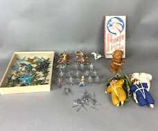 Group of Metal Planes, Horse, & Toy Soldiers: Together with Popeye pipe toss game, a bear, & fabric parachute people Bear 5.5"h Condition, some loss of paint to metal toys, parachute people are stained, bear has