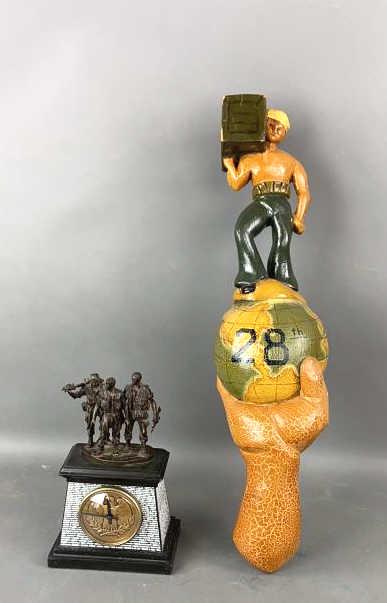 Vietnam Wood Carving Military Art: Together with F. E. Hart & V. V. M. F. Vietnam war commemorative clock Wood carving 21.25"h x 5.25"w x 3.5"d Condition, clock untested, needs cleaning, wood carving has some chips, some loss of
