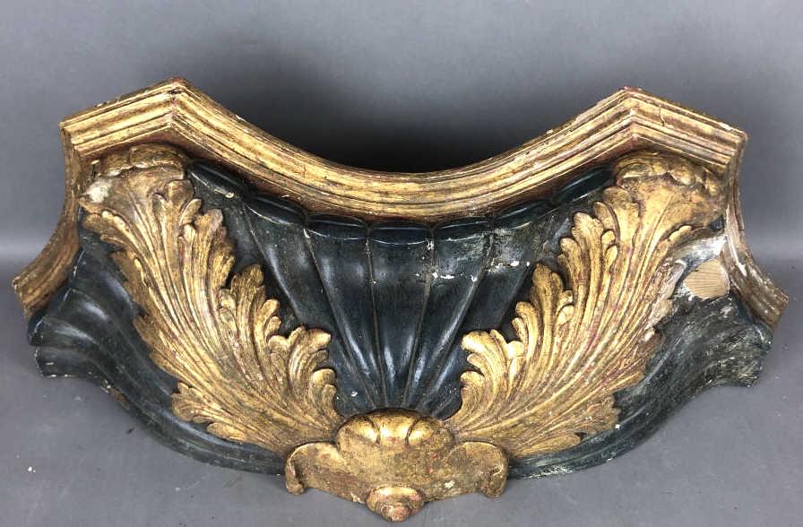 Florentine Style Gilt Wood & Painted Wall Bracket: 7 1/4"h x 27 1/4" w x 11"d Condition, some paint loss, cracks and chips, overall wear to top
