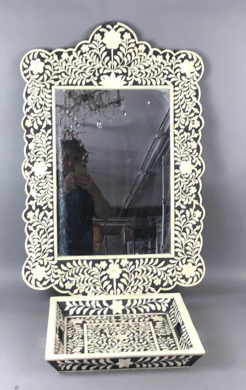 Anglo Indian Style Bone Mirror & Tray: Mirror is 35 1/2"h x 23 1/2" Condition, some loss of bone veneer