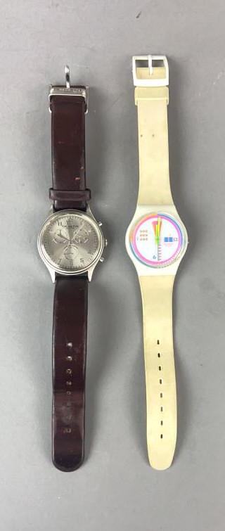 A Swatch Watch & Kenneth Cole Watch: Condition, untested, some stains to swatch watch strap, wear to Kenneth Cole leather strap
