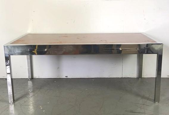 Milo Baughman Style Chrome & Burl Desk: With 3 drawers, and 2 pullouts 29"h x 71.75" x 35.75" Condition, scratches, scuffs, wear to wood.