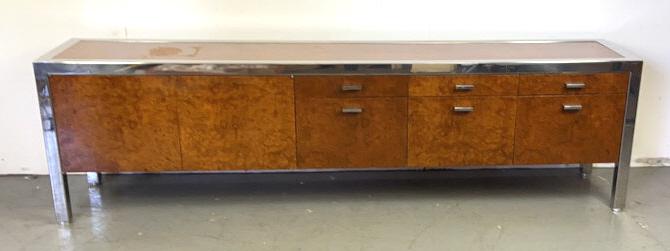 Milo Baughman Style Chrome & Burl Wood Credenza: MCM. 27.25"h x 95.75"w x 20"d Condition, some wear to finish, scratches, scuffs.