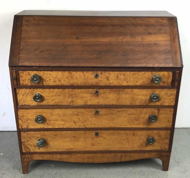 19 C American Maple & Fruitwood Slant Top Desk: 43.5" x 42"w x 41"d Condition, overall wear, some damage to brass knobs, some cracks, scratches and scuffs.