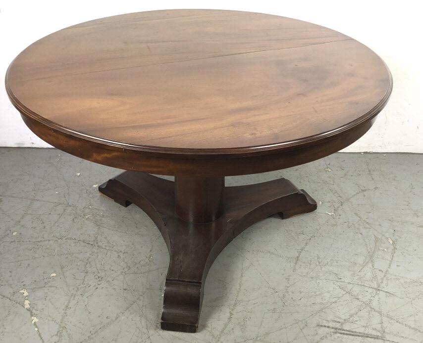 William IV Style Mahogany Center Table: 28.5"h x 48 diam Condition, some cracks in wood, scratches, scuffs, some chipped veneer and wear to legs.