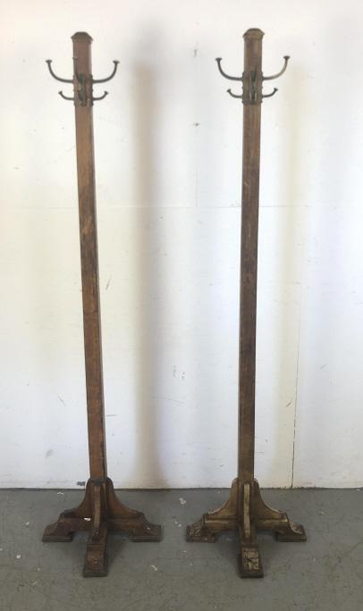A Pair of Globe Wernicke Oak Coat Stands: 71"h x 18"w x18"d. Condition , some chipped wood, some cracked wood, needs refinishing