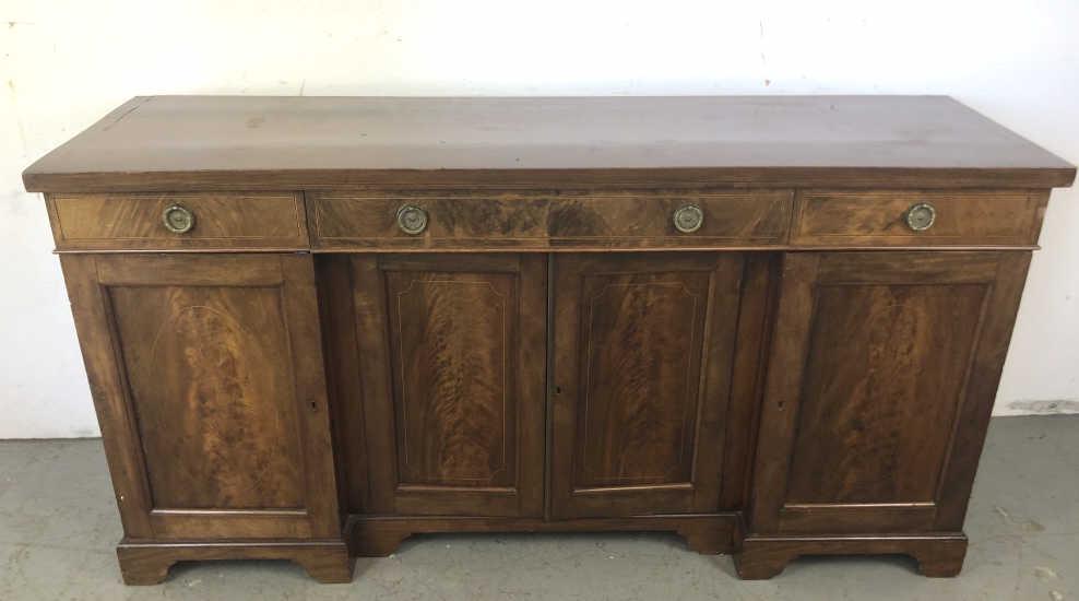 19th Century Mahogany Sideboard: 36 1/4" h x 72"w x 21"d. Condition, some missing string inlay, some scratches and scuffs,some loss of finish, old restorations, some stains to finish
