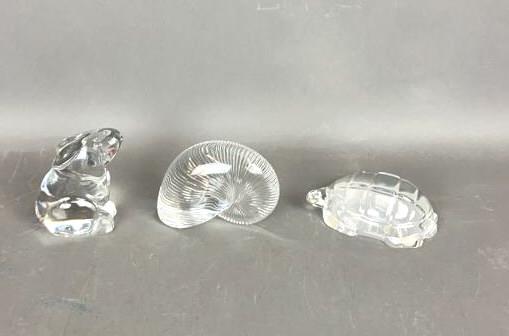 Baccarat Rabbit, Shell & Turtle Figurines: Tallest is 3 3/8". All have Baccarat logo on bottom. Condition, good