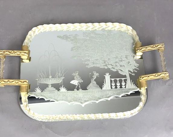Venetian Style Mirror Serving Tray: 24 1/2"w x 15 1/4"h. Condition, some scratches, handles need tightening
