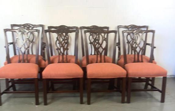 Set of 8 Mahogany Armchairs: Armchairs are 37"h x 23"w x 23 1/2"d. Condition, scratches and scuffs, chip to one upper corner of one chair, minor stains to upholstery