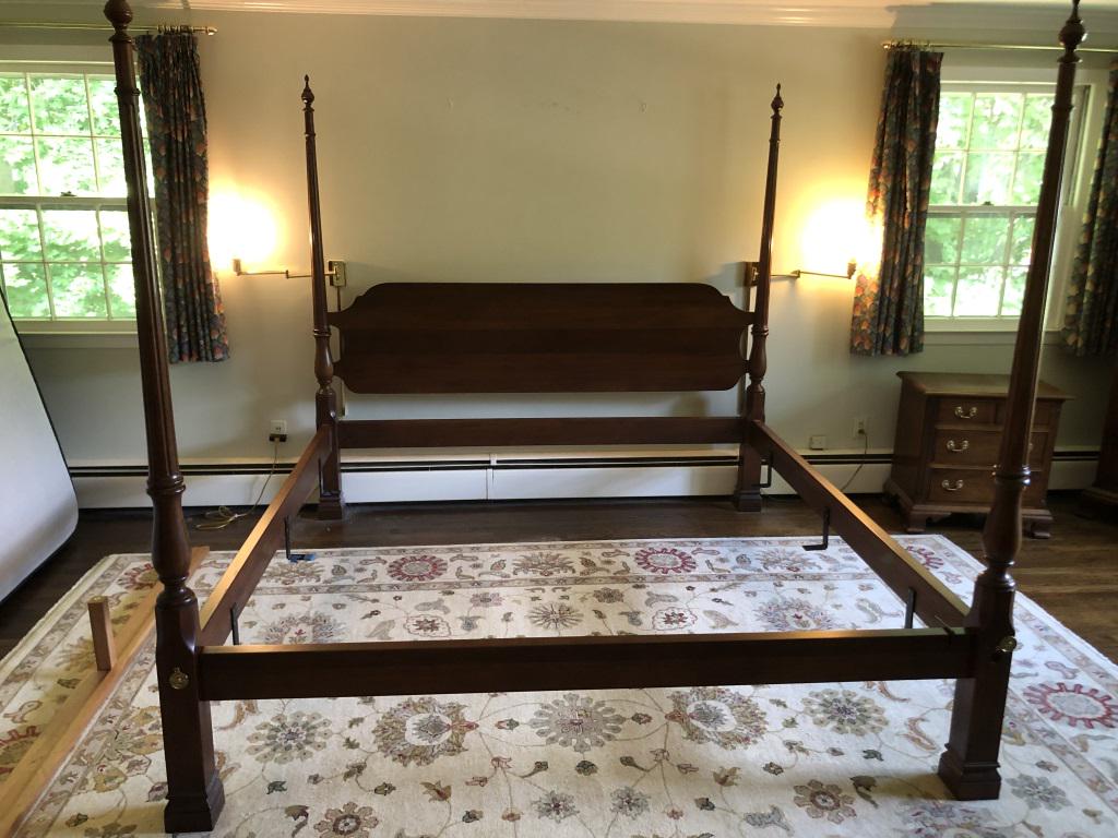 Stickley 4 Poster King Size Bed: 77 1/2"h x 79" w x 85 1/2"d. Condition, some srcatches, scuffs, marker marks, and wear to legs