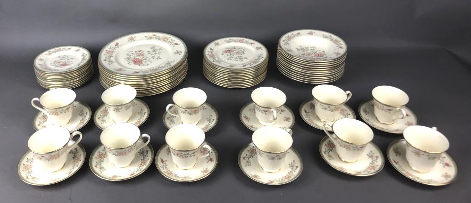 Minton Jasmine Partial Porcelain Dinner Service: Comprising of 12 dinner plates, 12 side plates, 12 soup bowls, 12 bread and butter plates, 12 cups and saucers