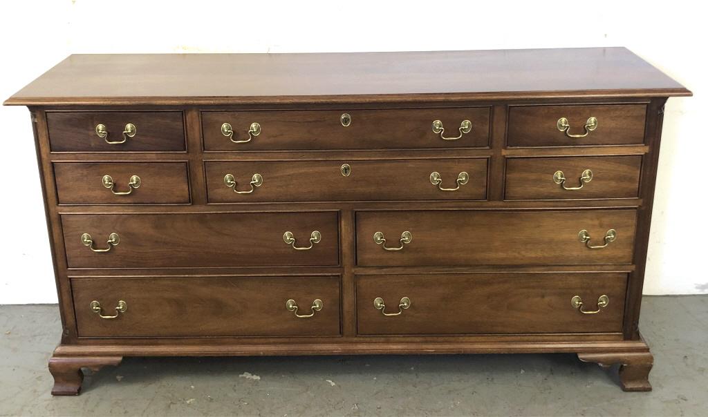 Stickley Mahogany 10 Drawer Long Chest: With concealed compartment in base. 36"h x 70 1/2"w x 20 1/2"d. Condition, some scratches and scuffs, some wear to legs