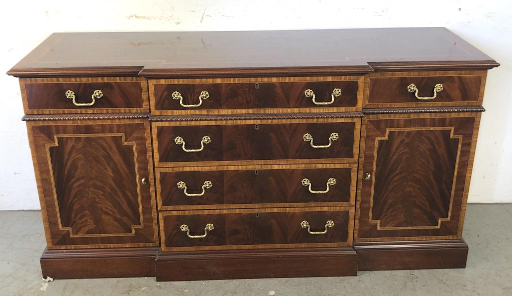 Councill Mahogany Inlaid Buffet: 34 1/2"h x 66"w x 20 3/4"d. Condition, some minor scratches and scuffs
