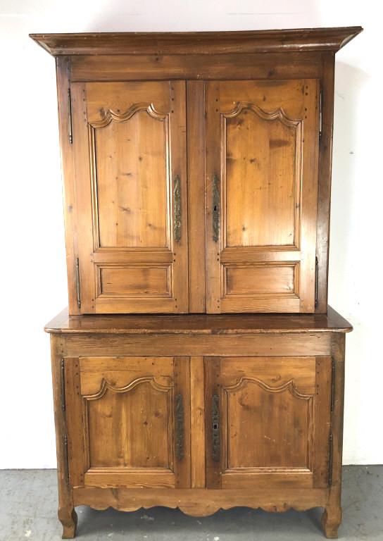 A French Provincial Pine Buffet: 88"h x 52"w x 23 1/4"d. Condition, some wear to finish, scratches and scuffs, old repairs