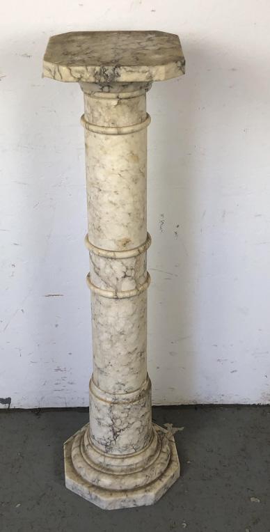 White and Grey Alabaster Pedestal: 40 1/2"h x 12" diam. Condition, needs cleaning