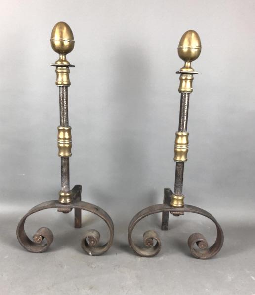 A Pair of Wrought Iron & Brass Andirons: 27 1/2"h x 12"w x 9"d. Condition, old patina, some rust