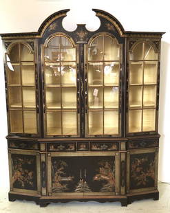 Schmieg & Kotzian Chinoiserie Breakfront Bookcase: John Scalia . 88"h x 74"w x 19"d. Condition, some scratches and scuffs, some chipped painted veneer, some cracked veneer